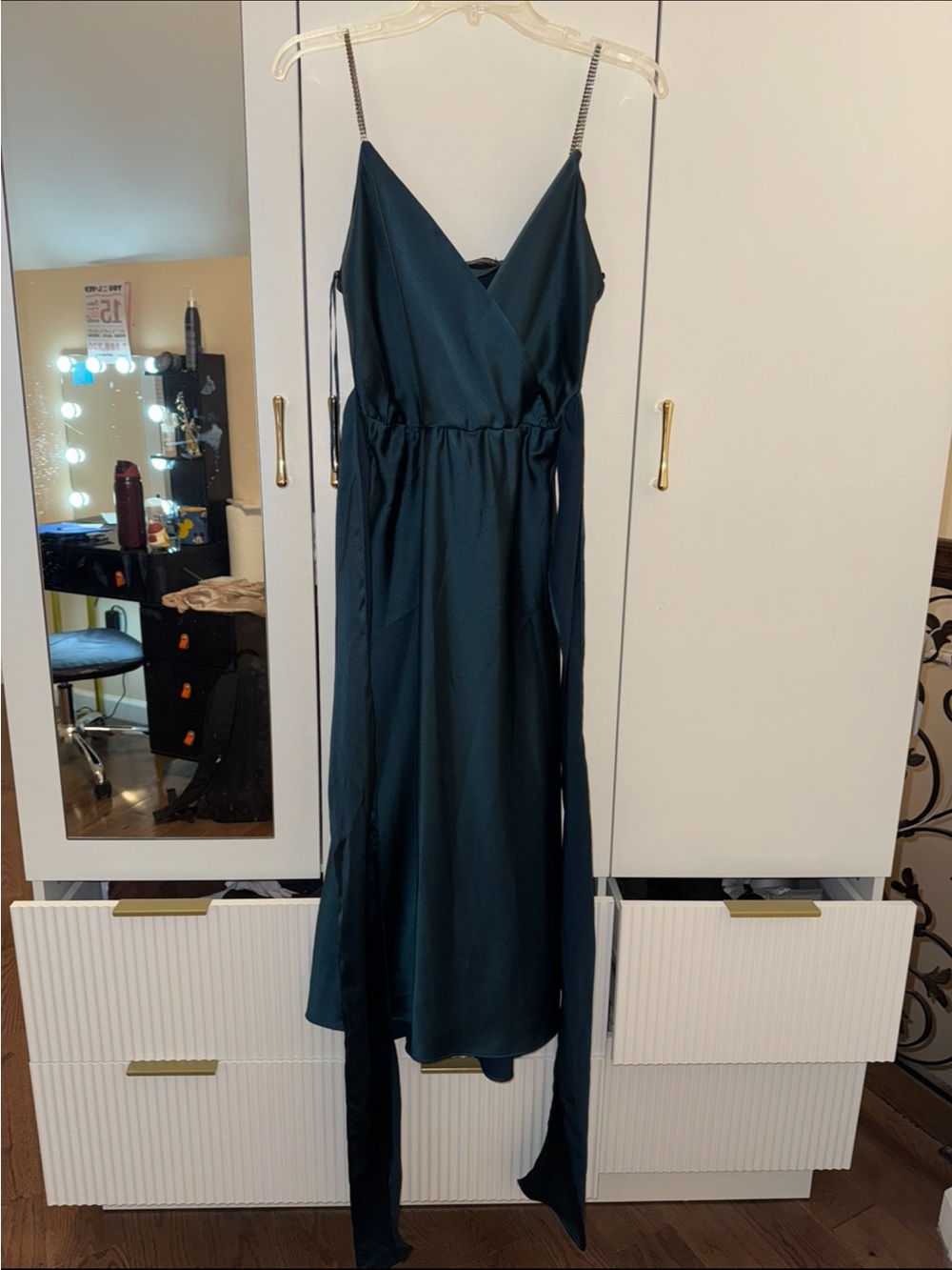 Elegant Deep Teal Satin Slip Dress with Adjustable Straps